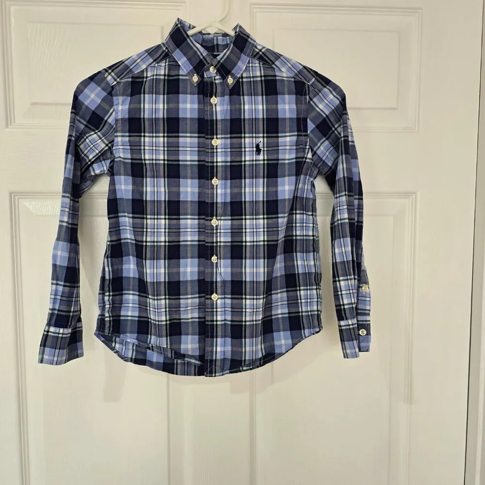 Ralph Lauren Boy's Long Sleeve Button Up Shirt Blue Plaid Poly Logo Size 8 Small